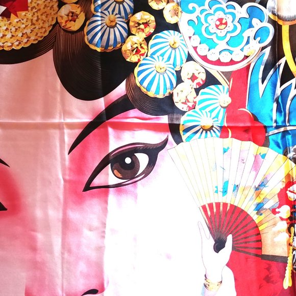 Vintage Large Square Silk Scarf - Asian Motif - Red Black - 43 inch square - Picture 3 of 4